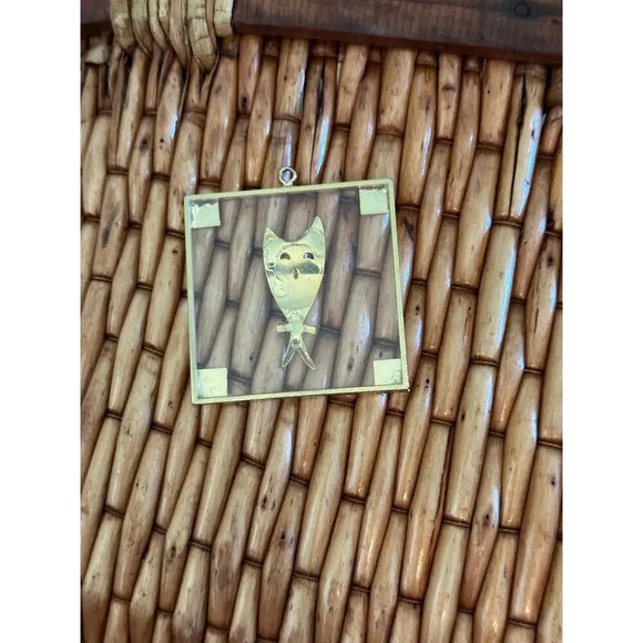Vintage Gold Tone Cat Pendant with glass Square Frame - Unique Design - Picture 3 of 4